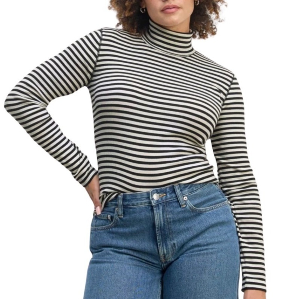Everlane Womens Luxe Rib Turtleneck Bone Black Striped Supima Cotton Top Medium